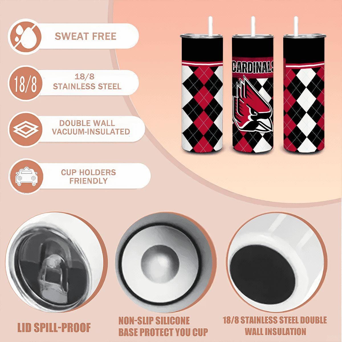 ColorFlow | Ball State Inspired Cardinals Argyle Straight Tumbler 20oz Stainless Steel Drinkware Optional Personalization