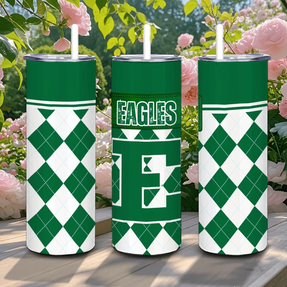 ColorFlow | Eastern Michigan Inspired Eagles Argyle Straight Tumbler 20oz Stainless Steel Drinkware Optional Personalization