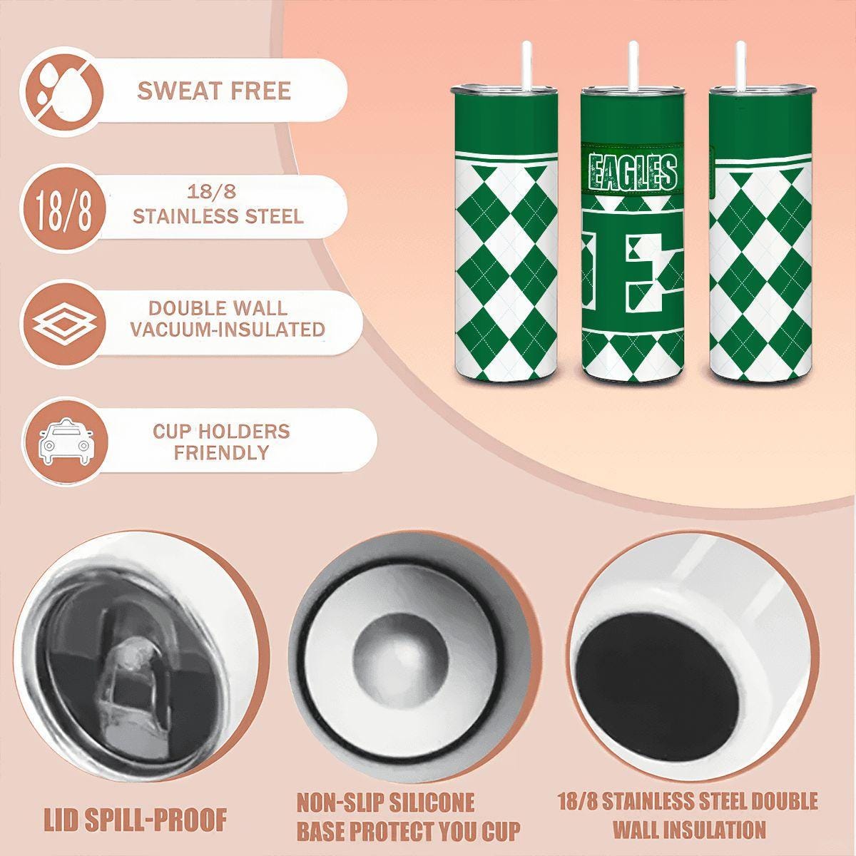 ColorFlow | Eastern Michigan Inspired Eagles Argyle Straight Tumbler 20oz Stainless Steel Drinkware Optional Personalization
