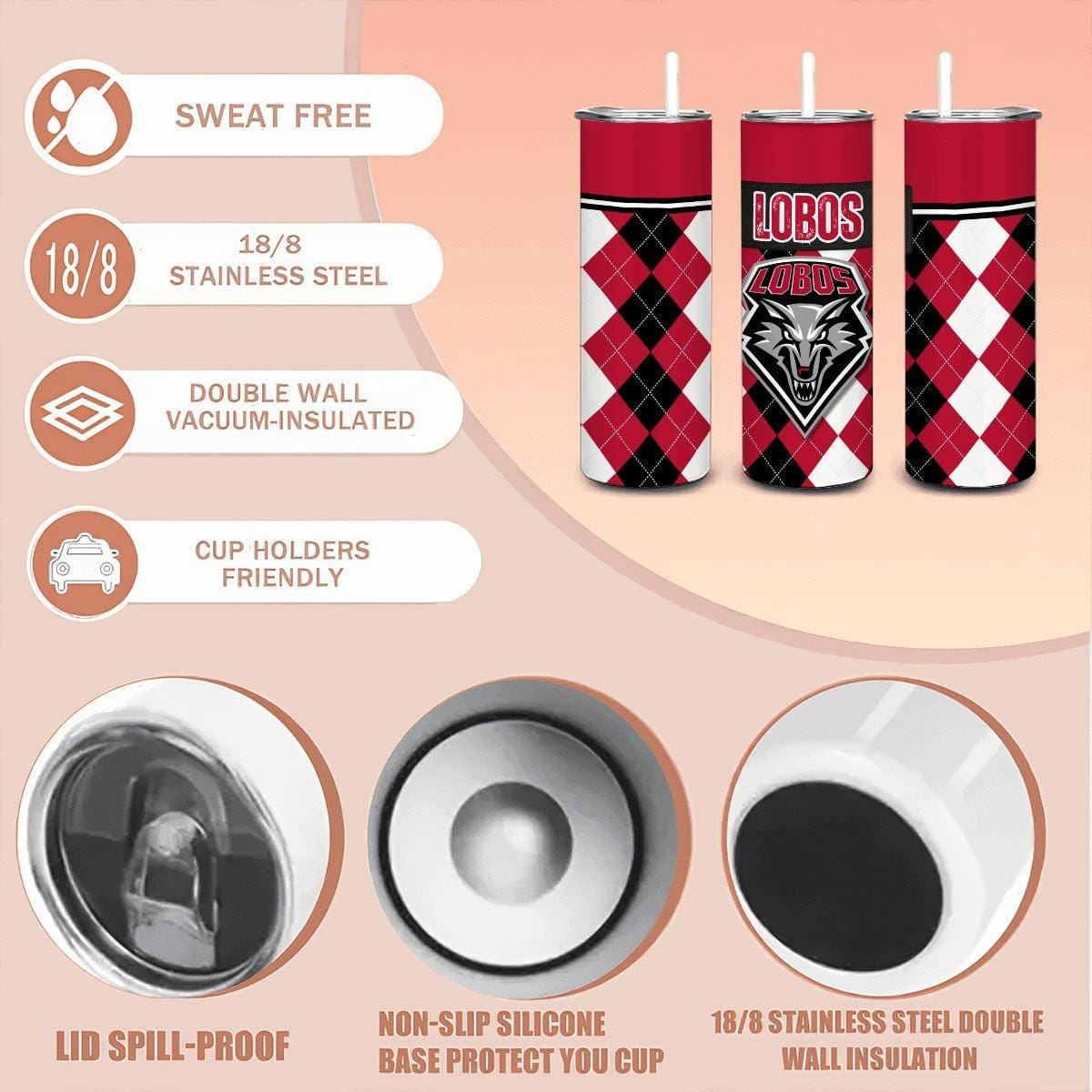 ColorFlow | New Mexico Lobos Inspired 20oz Straight Stainless Tumbler | Game Day Drinkware | Personalization Optional