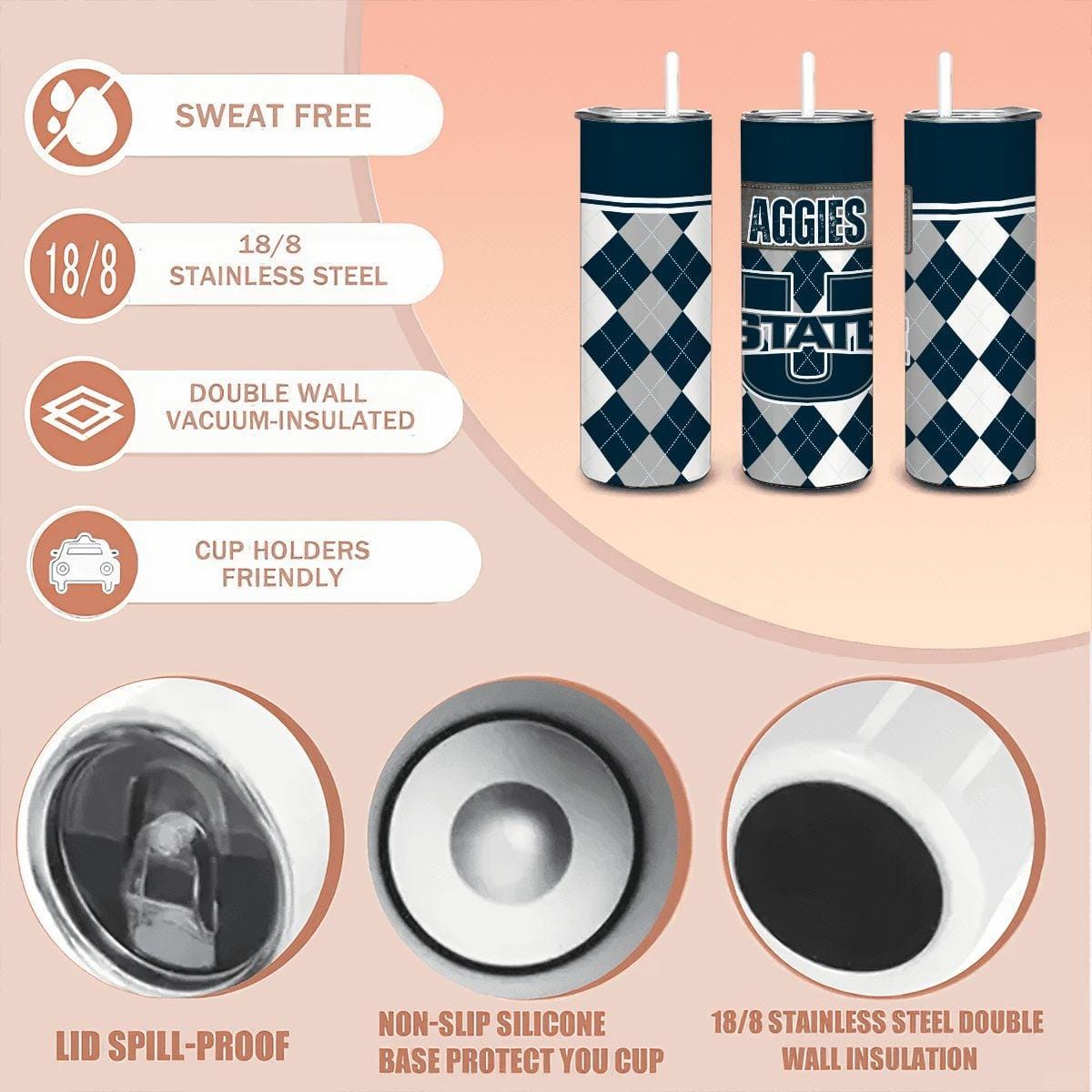 ColorFlow | Utah State Aggies Inspired 20oz Straight Stainless Tumbler | College Colors | Personalization Optional