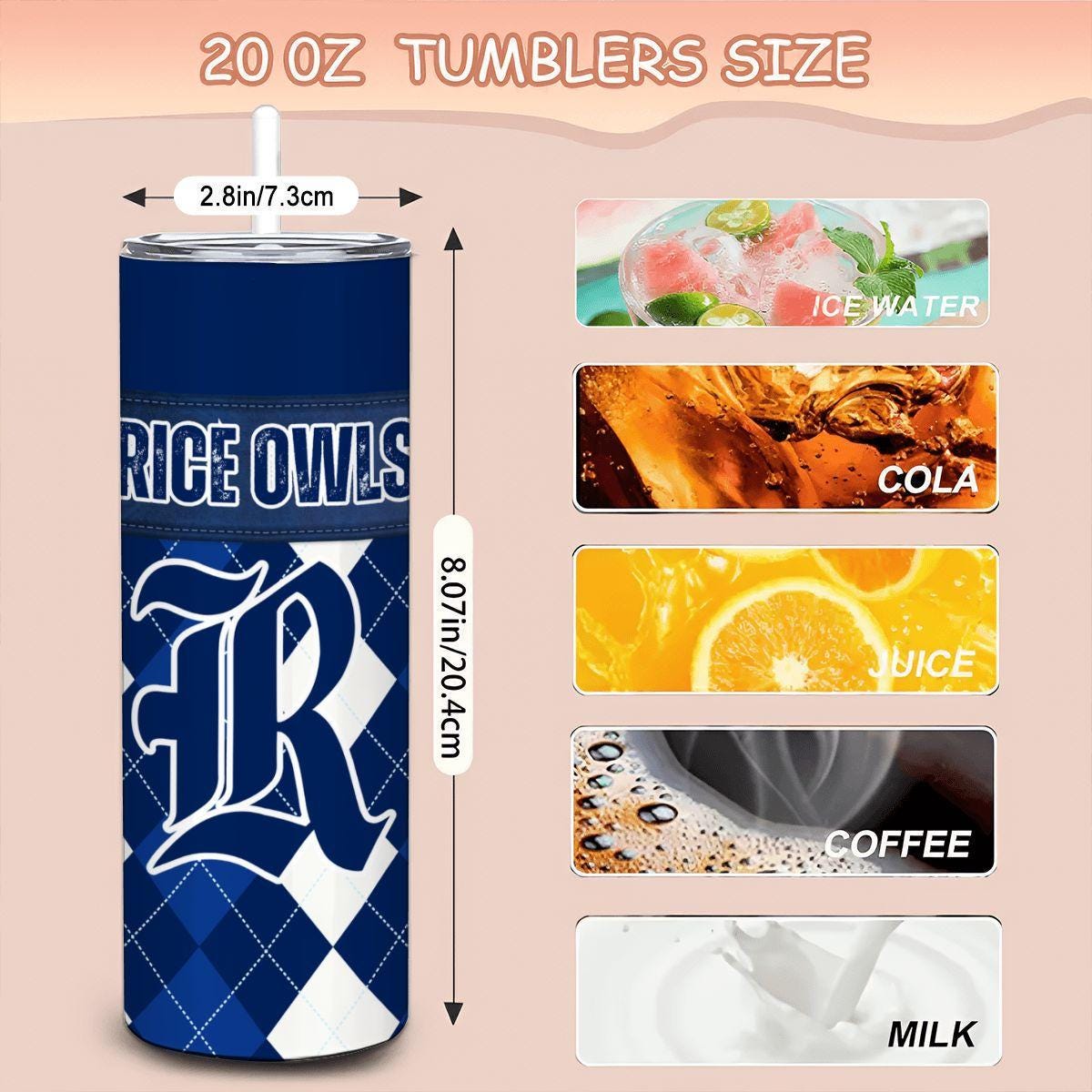 ColorFlow | Rice Owls Inspired 20oz Straight Stainless Tumbler | Clean College Style | Personalization Optional