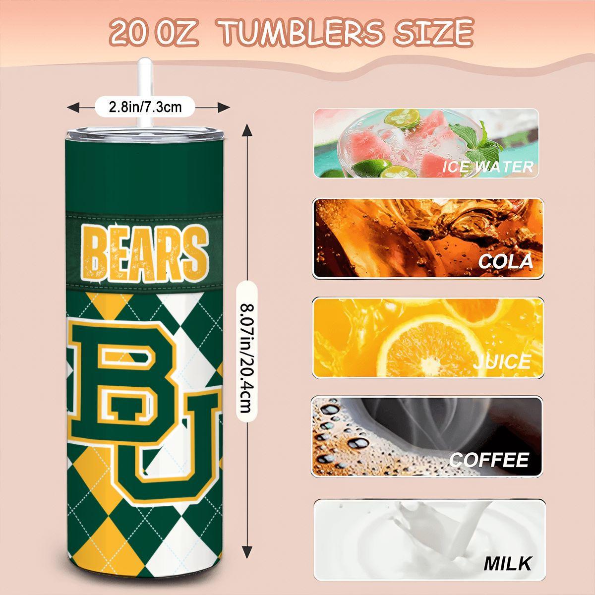 ColorFlow | Baylor Bears Inspired 20oz Straight Stainless Tumbler | Green Gold Collegiate Style | Personalization Optional