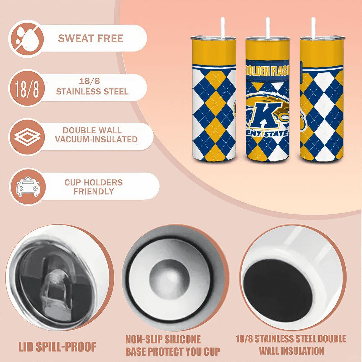 ColorFlow | Kent State Golden Flashes Inspired 20oz Straight Stainless Tumbler | Navy Gold Collegiate Style | Personalization Optional