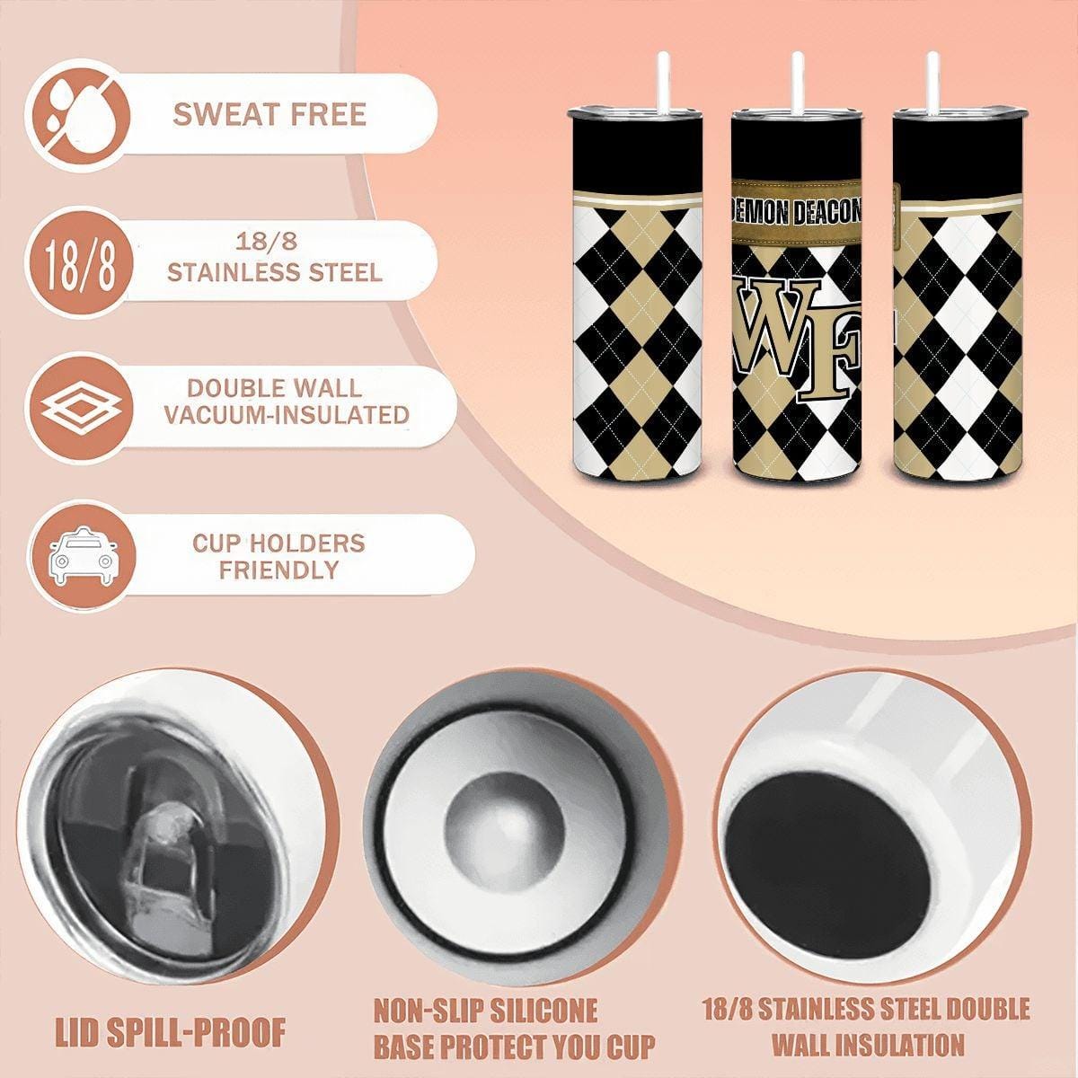 ColorFlow | Wake Forest Demon Deacons Inspired 20oz Straight Stainless Tumbler | Black Gold Collegiate Style | Personalization Optional
