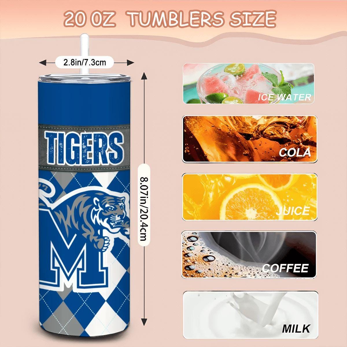 ColorFlow | Memphis Tigers Inspired 20oz Straight Stainless Tumbler | Blue Gray Tiger Power | Personalization Optional
