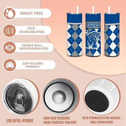 ColorFlow | Memphis Tigers Inspired 20oz Straight Stainless Tumbler | Blue Gray Tiger Power | Personalization Optional