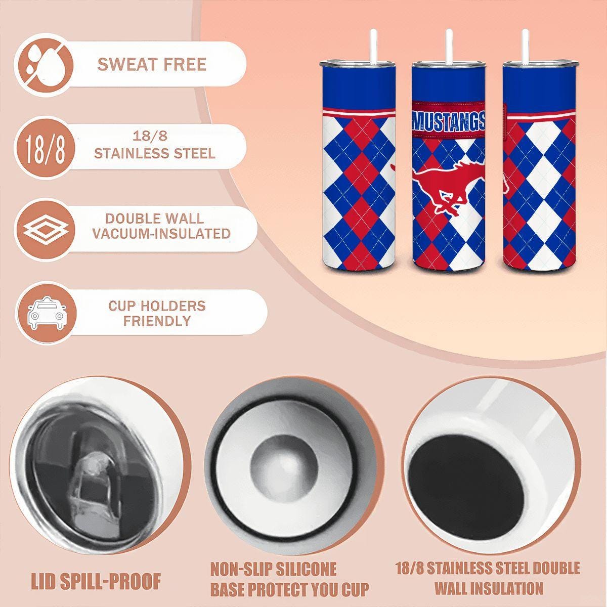 ColorFlow | SMU Mustangs Inspired 20oz Straight Stainless Tumbler | Red Blue Classic Pattern | Personalization Optional