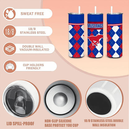 ColorFlow | SMU Mustangs Inspired 20oz Straight Stainless Tumbler | Red Blue Classic Pattern | Personalization Optional