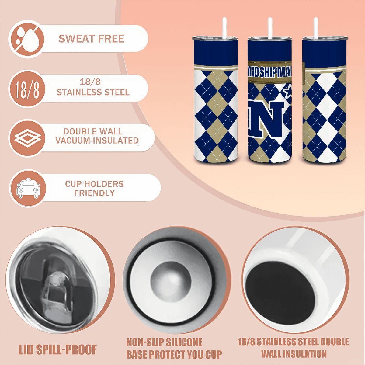 ColorFlow | Navy Midshipmen Inspired 20oz Straight Tumbler | Blue Gold Military Pride | Personalization Optional