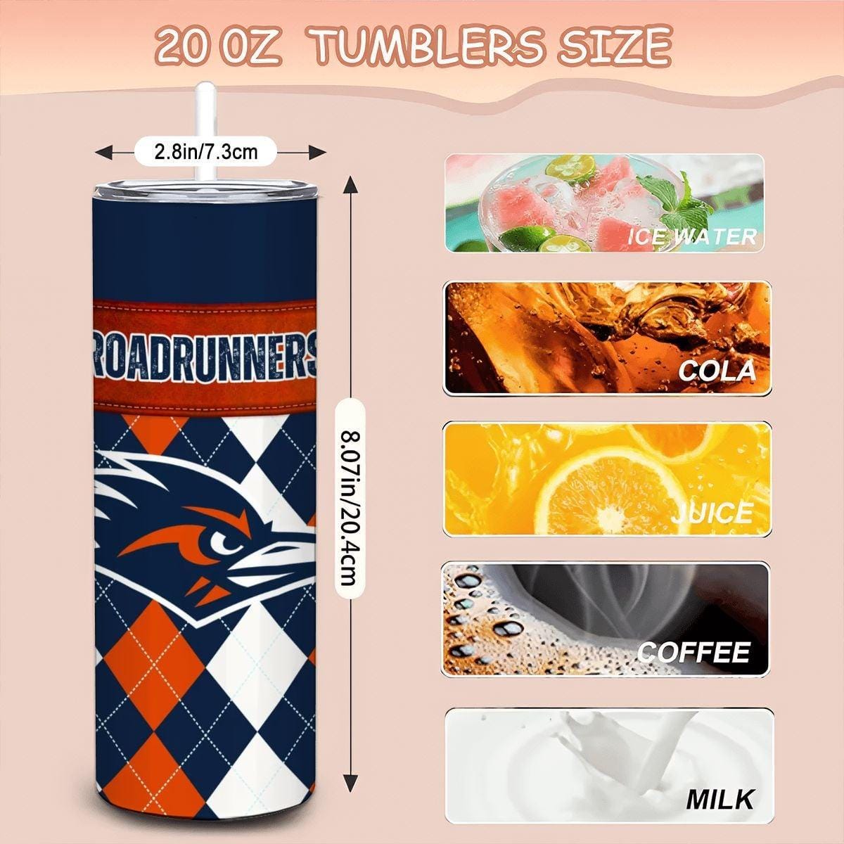 ColorFlow | UTSA Roadrunners Inspired 20oz Straight Tumbler | Navy Orange Motion Design | Personalization Optional
