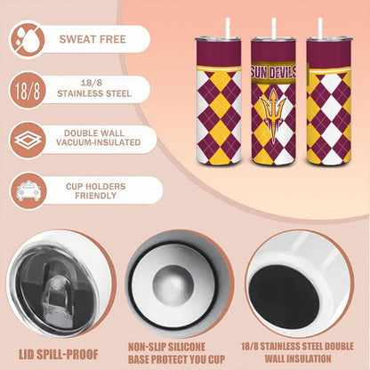 ColorFlow | Arizona State Sun Devils Inspired 20oz Straight Stainless Tumbler | Maroon Gold Power Look | Personalization Optional