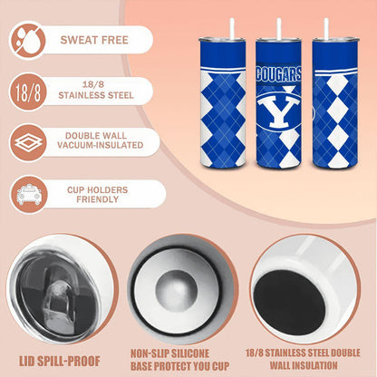 ColorFlow | BYU Cougars Inspired 20oz Straight Stainless Tumbler | Royal Blue Classic Design | Personalization Optional