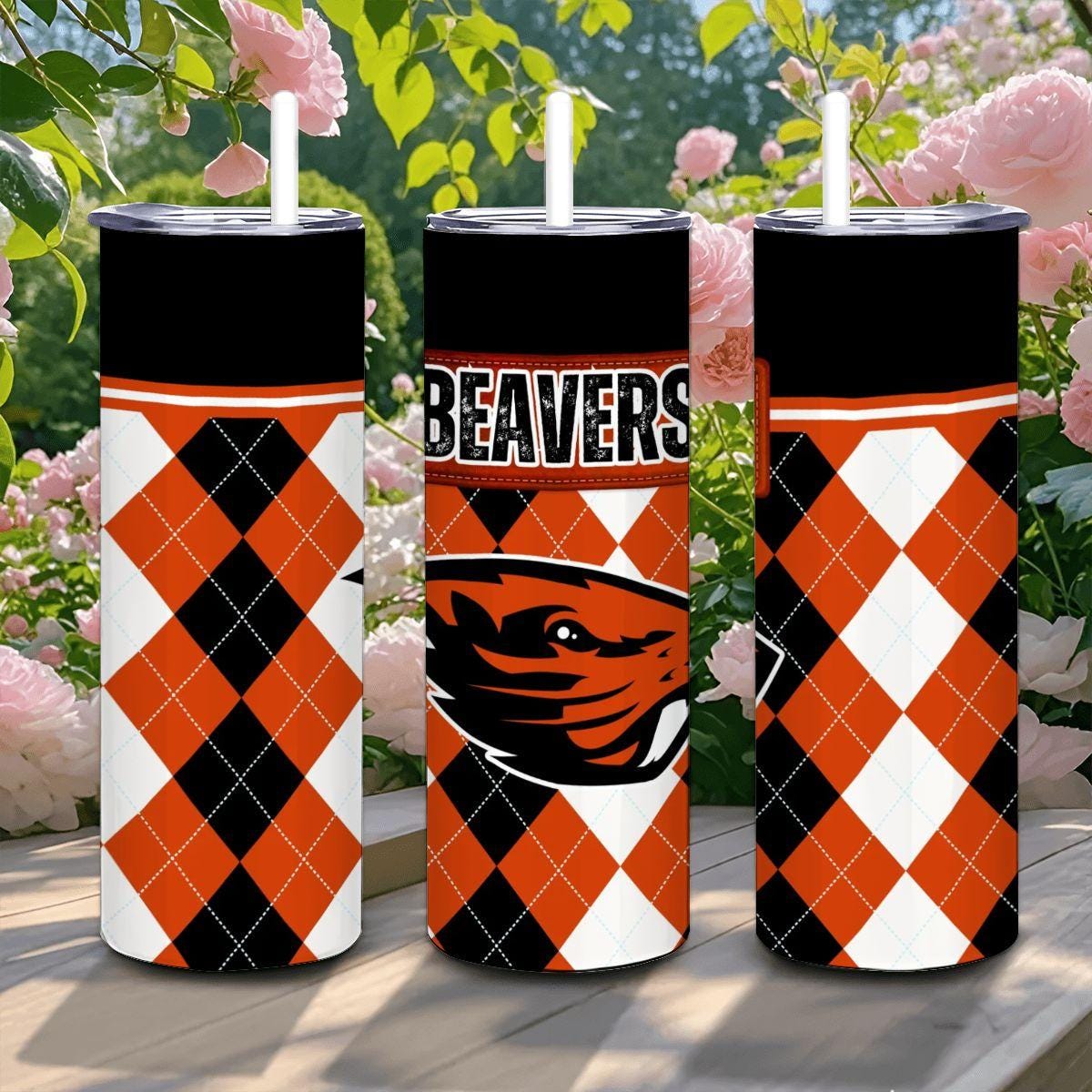 ColorFlow | Oregon State Beavers Inspired 20oz Straight Stainless Tumbler | Orange Black Diamond Style | Personalization Optional