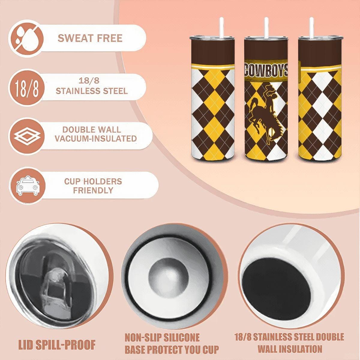 ColorFlow | Wyoming Cowboys Inspired 20oz Straight Tumbler | Brown Gold Western Spirit | Personalization Optional