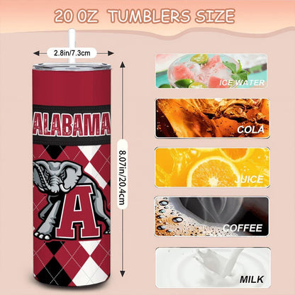 ColorFlow | Alabama Crimson Tide Inspired 20oz Straight Stainless Tumbler | Crimson Power Diamond Design | Personalization Optional