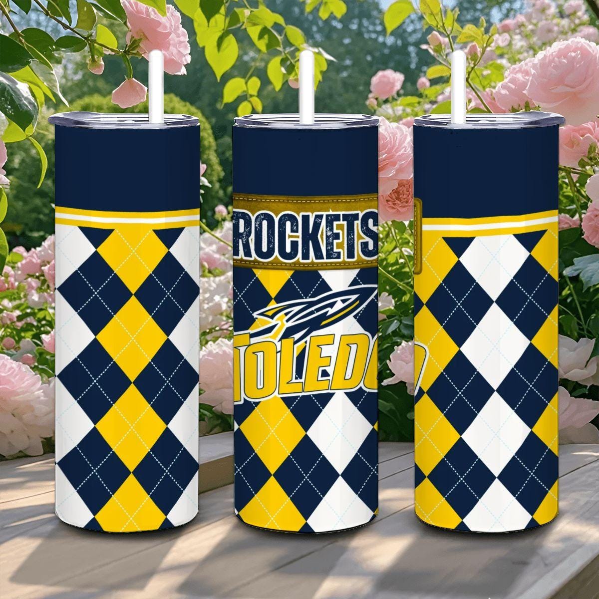 ColorFlow | Toledo Rockets Inspired 20oz Straight Tumbler | Navy Gold Collegiate Energy | Personalization Optional