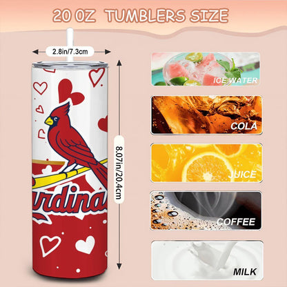 ColorFlow | St Louis Inspired Cardinals Hearts Straight Tumbler 20oz Stainless Steel Drinkware Optional Personalization
