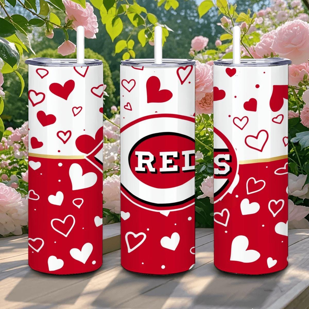 ColorFlow | Cincinnati Inspired Reds Hearts Straight Tumbler 20oz Stainless Steel Gift Optional Personalization