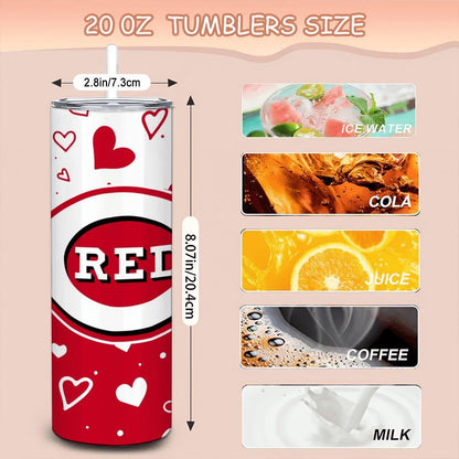 ColorFlow | Cincinnati Inspired Reds Hearts Straight Tumbler 20oz Stainless Steel Gift Optional Personalization