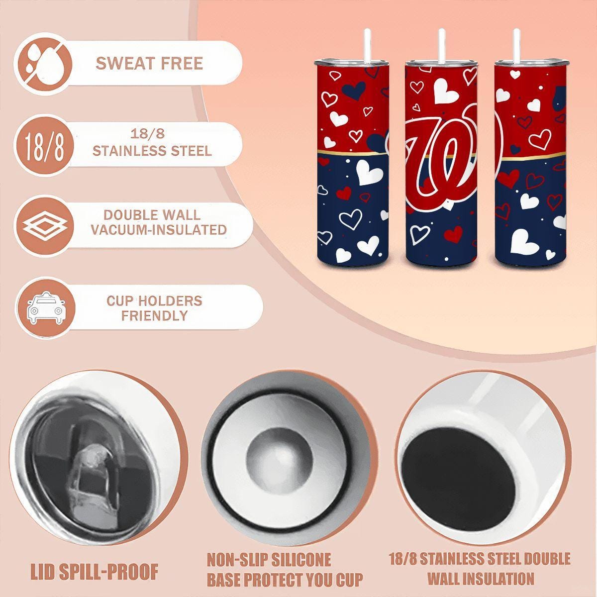 ColorFlow | Washington Inspired Nationals Hearts Straight Tumbler 20oz Stainless Steel Drinkware Optional Personalization