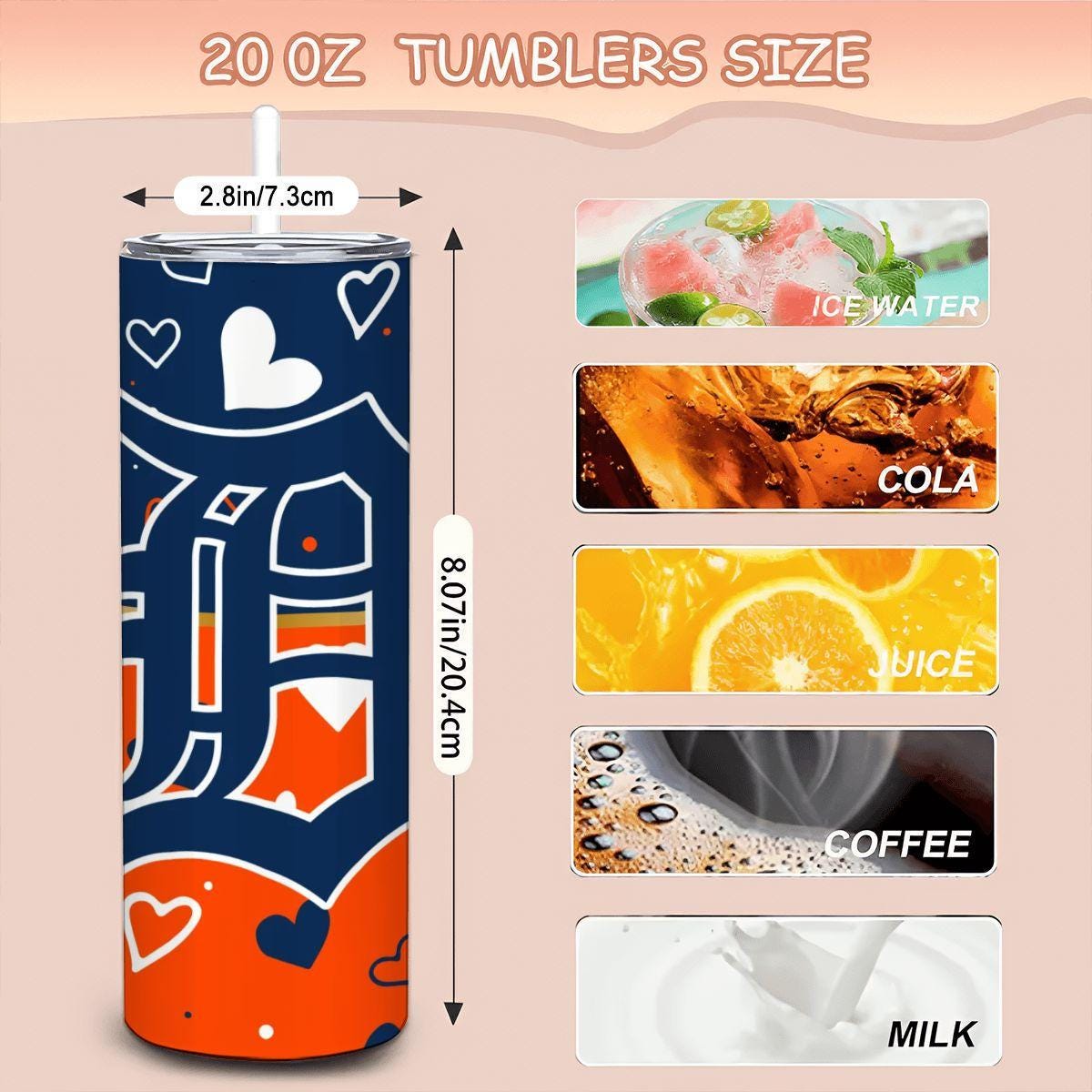 ColorFlow | Detroit Inspired Tigers Hearts Straight Tumbler 20oz Stainless Steel Drinkware Optional Personalization