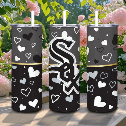 ColorFlow | Chicago Inspired White Sox Hearts Straight Tumbler 20oz Stainless Steel Drinkware Optional Personalization