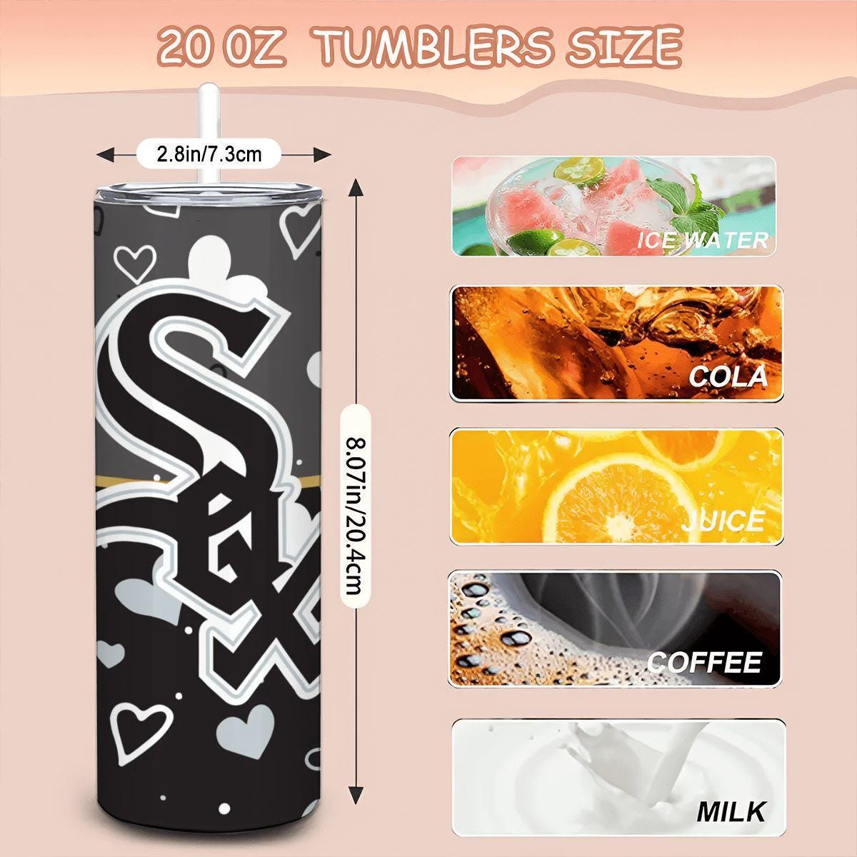 ColorFlow | Chicago Inspired White Sox Hearts Straight Tumbler 20oz Stainless Steel Drinkware Optional Personalization