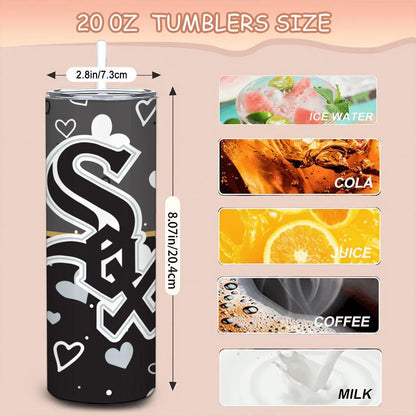 ColorFlow | Chicago Inspired White Sox Hearts Straight Tumbler 20oz Stainless Steel Drinkware Optional Personalization