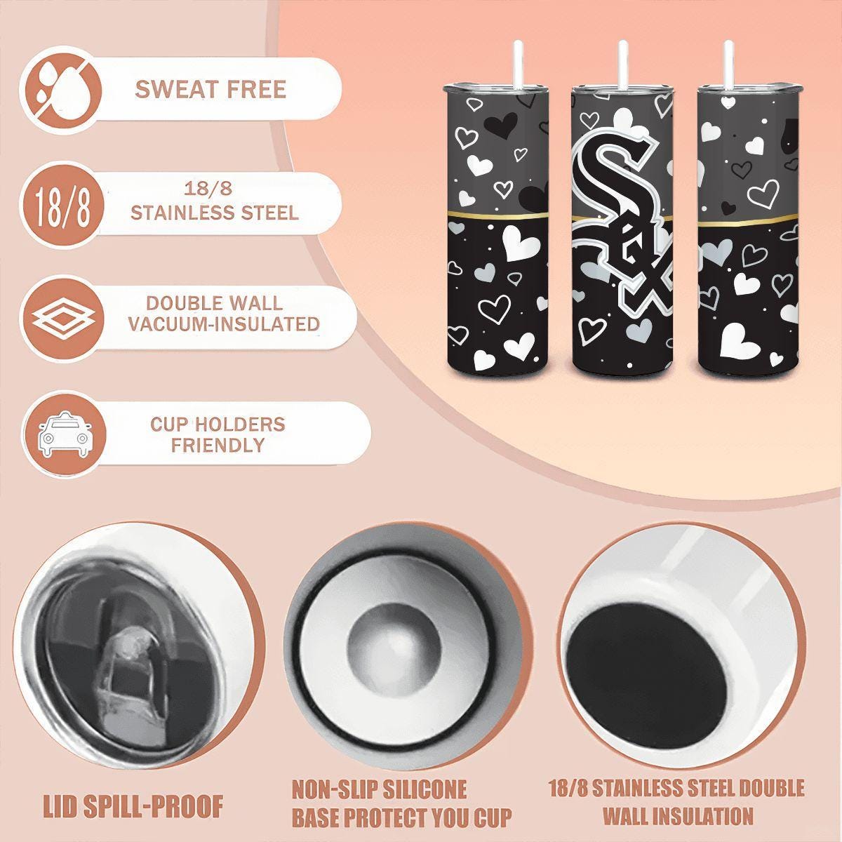 ColorFlow | Chicago Inspired White Sox Hearts Straight Tumbler 20oz Stainless Steel Drinkware Optional Personalization