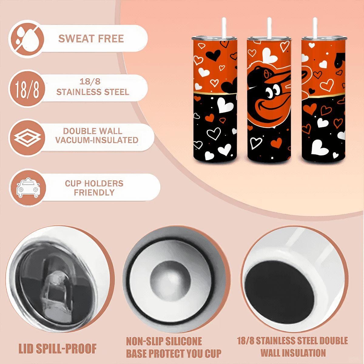 ColorFlow | Baltimore Inspired Orioles Hearts Straight Tumbler 20oz Stainless Steel Gift Optional Personalization