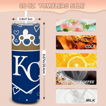 ColorFlow | Kansas City Inspired Royals Hearts Straight Tumbler 20oz Stainless Steel Drinkware Optional Personalization