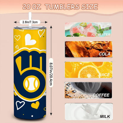 ColorFlow | Milwaukee Inspired Brewers Hearts Straight Tumbler 20oz Stainless Steel Drinkware Optional Personalization