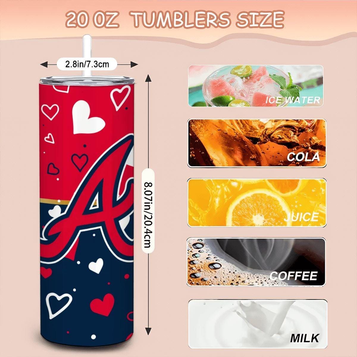 ColorFlow | Atlanta Inspired Braves Hearts Straight Tumbler 20oz Stainless Steel Drinkware Optional Personalization