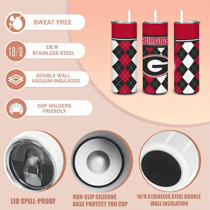 ColorFlow | Georgia Inspired Bulldogs Argyle Hearts Straight Tumbler 20oz Stainless Steel Drinkware Optional Personalization
