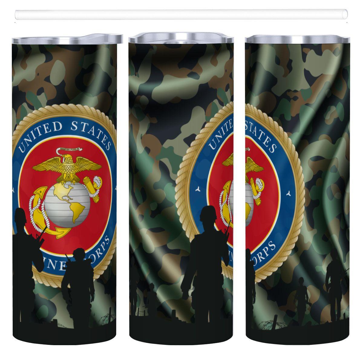 ColorFlow | Military Marine Inspired 20oz Straight Stainless Steel Tumbler Camouflage Patriotic Travel Cup