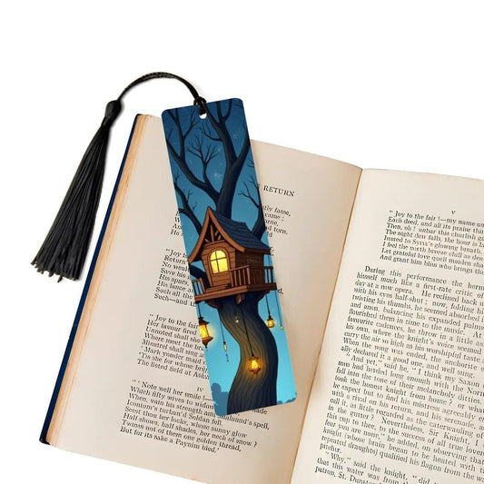 ColorFlow | Midnight Treehouse Metal Bookmark Cozy Lantern Night Fantasy Art Double Sided Aluminum Reading Gift | Optional Personalization