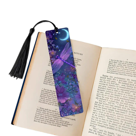 ColorFlow | Twilight Moon Dragonfly Double Sided Metal Bookmark Purple Celestial Floral Fantasy Night Garden Art  | Optional Personalization