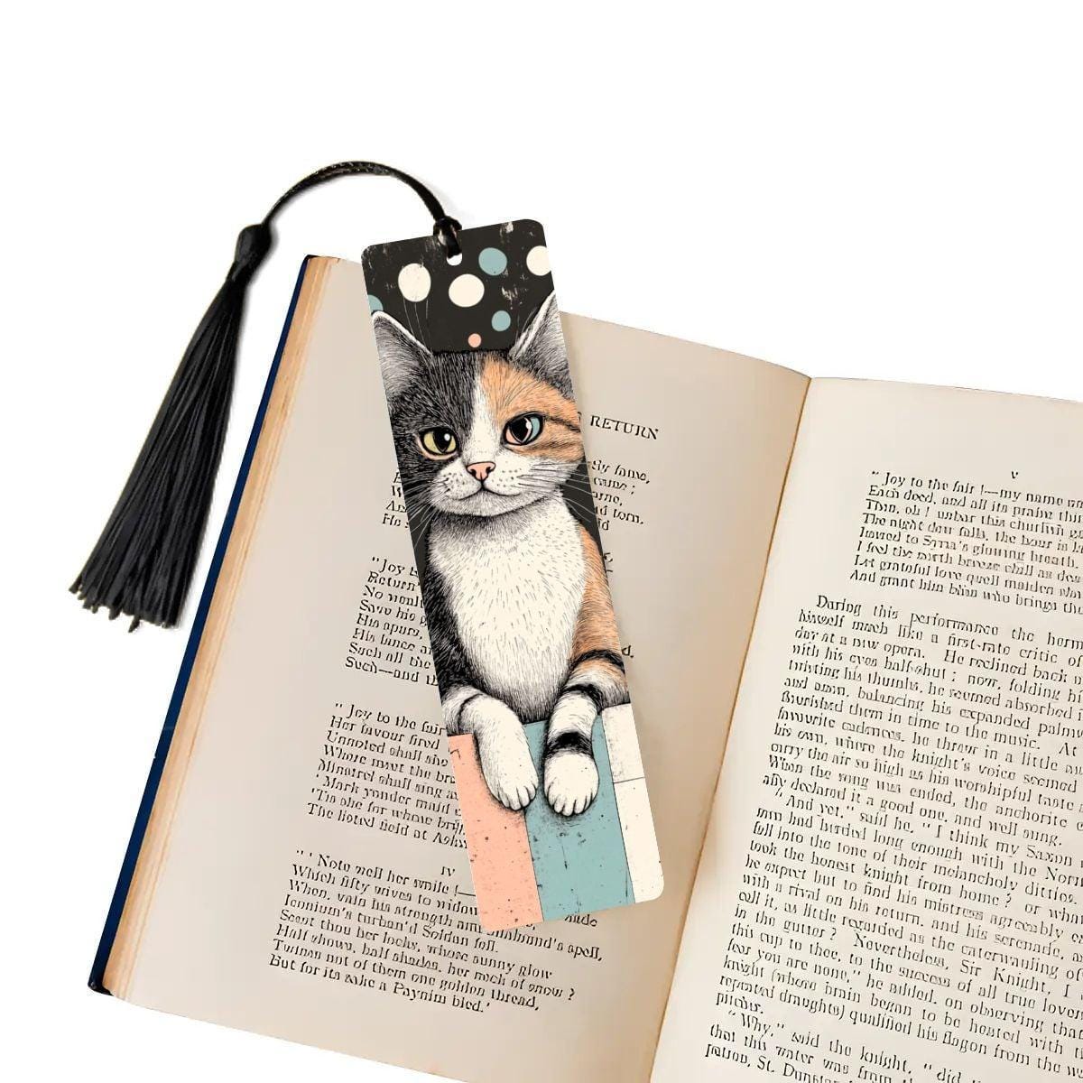 ColorFlow | Calico Cat Bookmark Retro Ink Style Whimsical Feline Art Colorful Polka Dot Background Double Sided | Optional Personalization