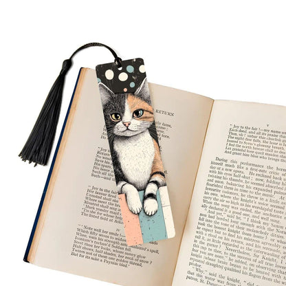 ColorFlow | Calico Cat Bookmark Retro Ink Style Whimsical Feline Art Colorful Polka Dot Background Double Sided | Optional Personalization
