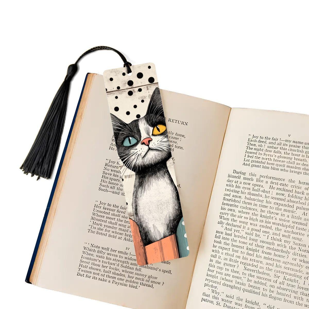 ColorFlow | Black and White Cat Bookmark Retro Ink Style Whimsical Feline Art Polka Dot Pattern Double Sided | Optional Personalization