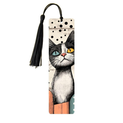 ColorFlow | Black and White Cat Bookmark Retro Ink Style Whimsical Feline Art Polka Dot Pattern Double Sided | Optional Personalization