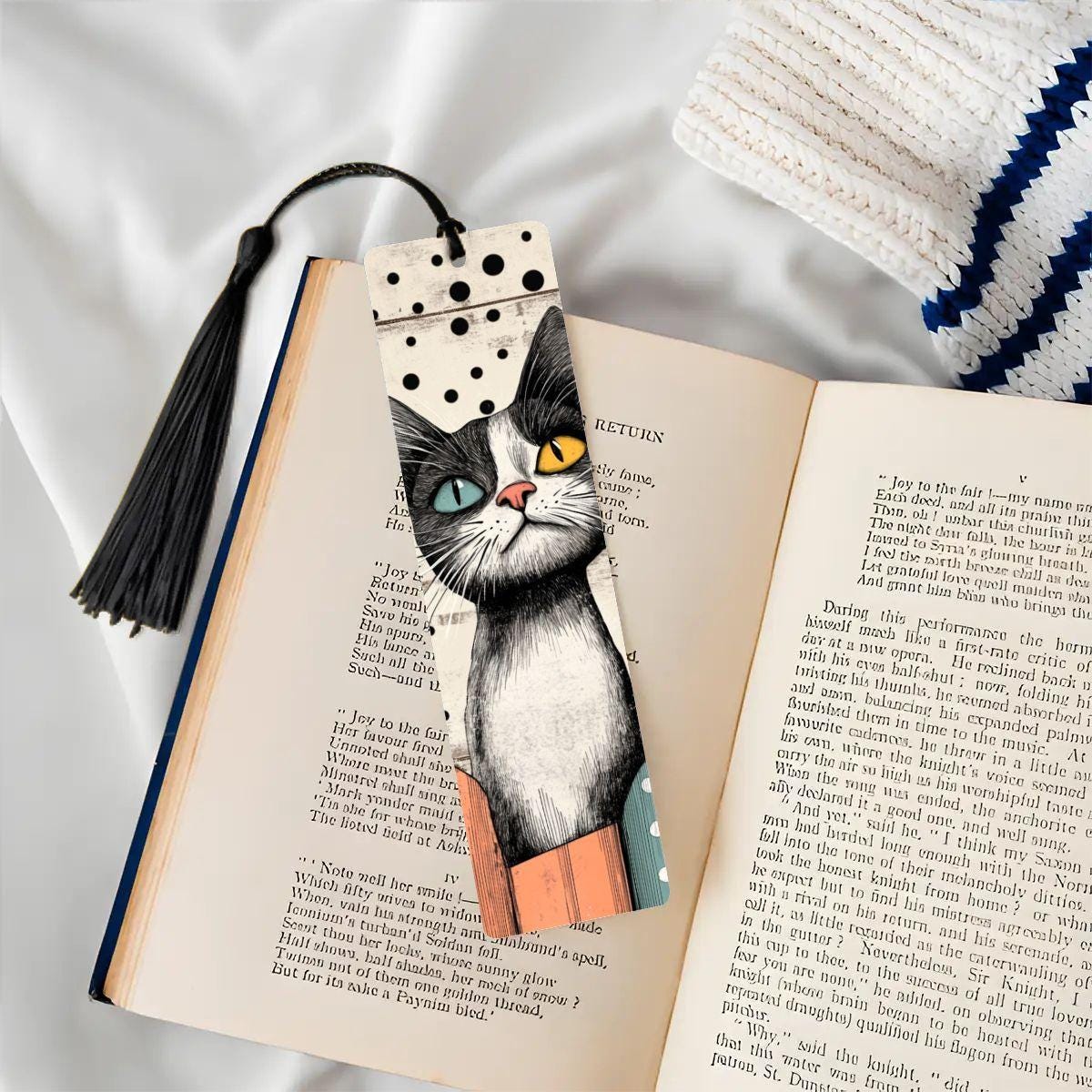 ColorFlow | Black and White Cat Bookmark Retro Ink Style Whimsical Feline Art Polka Dot Pattern Double Sided | Optional Personalization