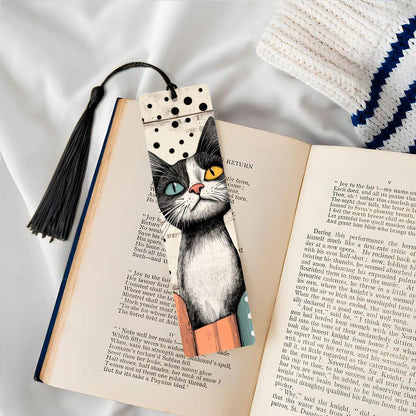ColorFlow | Black and White Cat Bookmark Retro Ink Style Whimsical Feline Art Polka Dot Pattern Double Sided | Optional Personalization
