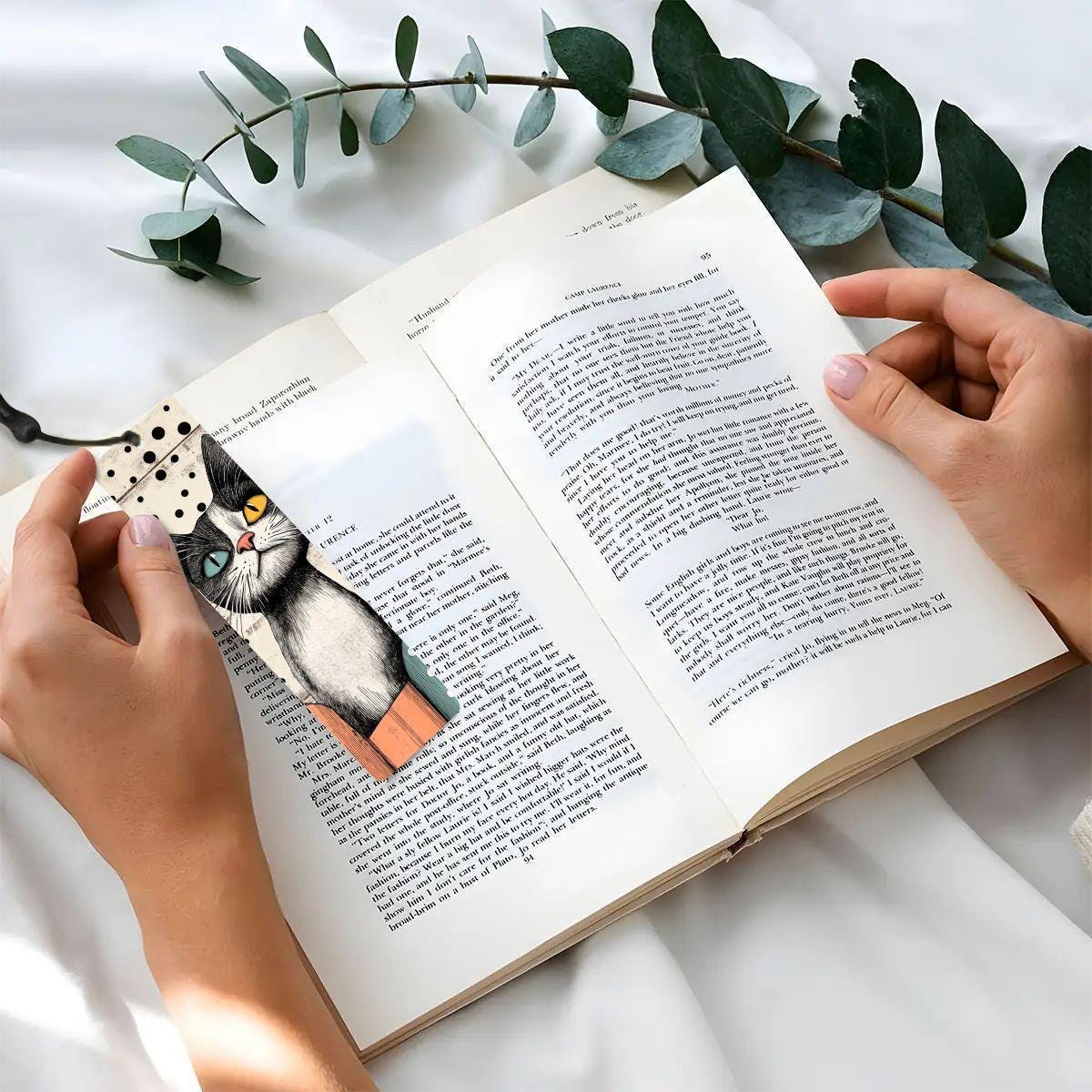 ColorFlow | Black and White Cat Bookmark Retro Ink Style Whimsical Feline Art Polka Dot Pattern Double Sided | Optional Personalization