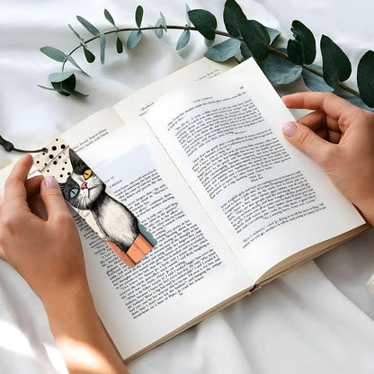ColorFlow | Black and White Cat Bookmark Retro Ink Style Whimsical Feline Art Polka Dot Pattern Double Sided | Optional Personalization