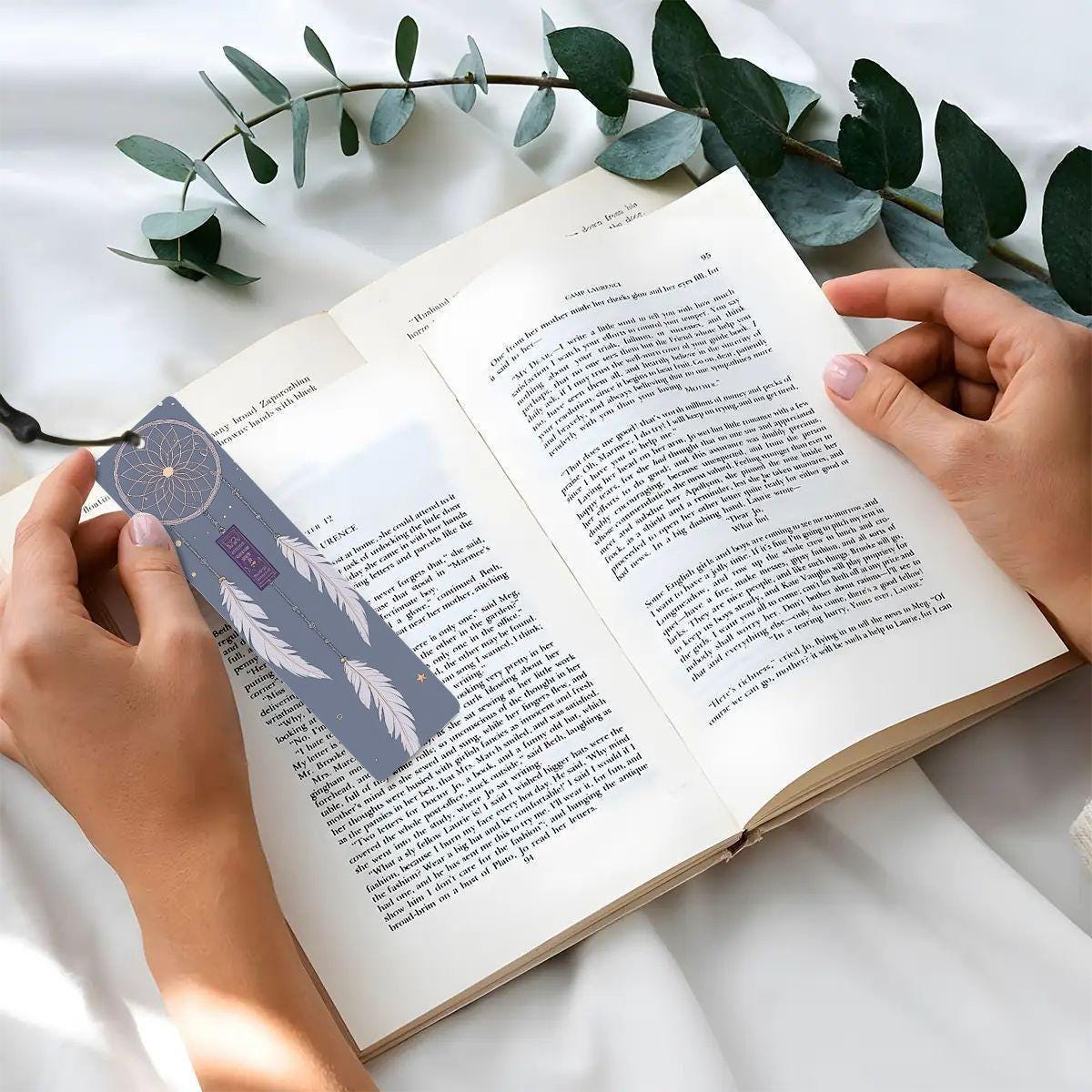 ColorFlow | Boho Dreamcatcher Feather Metal Bookmark Celestial White Feather Spiritual Book Gift | Optional Personalization