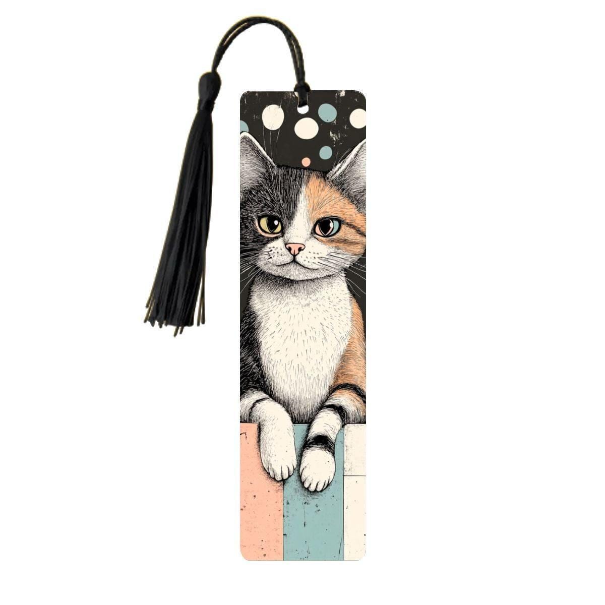 ColorFlow | Calico Cat Bookmark Retro Ink Style Whimsical Feline Art Colorful Polka Dot Background Double Sided | Optional Personalization