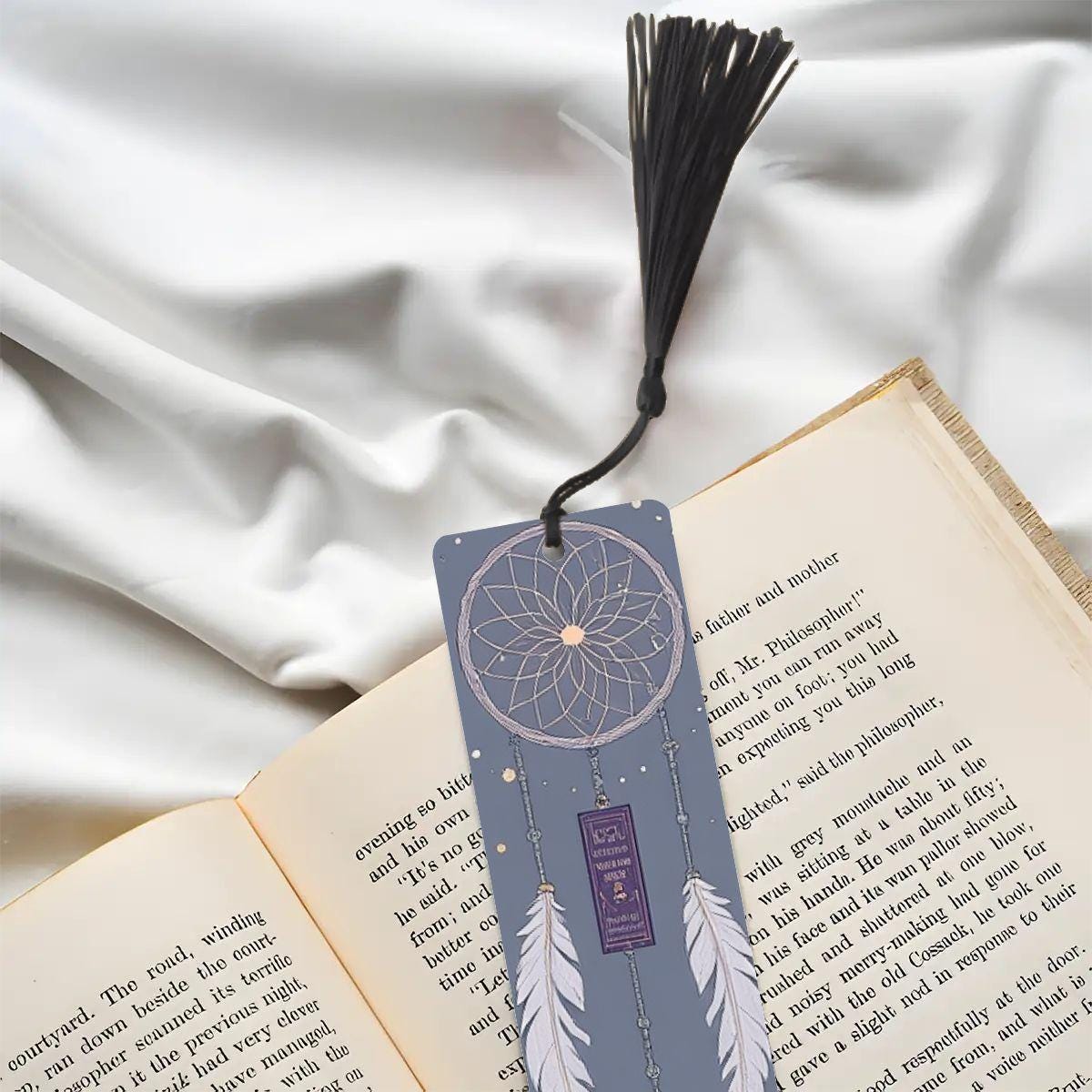 ColorFlow | Boho Dreamcatcher Feather Metal Bookmark Celestial White Feather Spiritual Book Gift | Optional Personalization