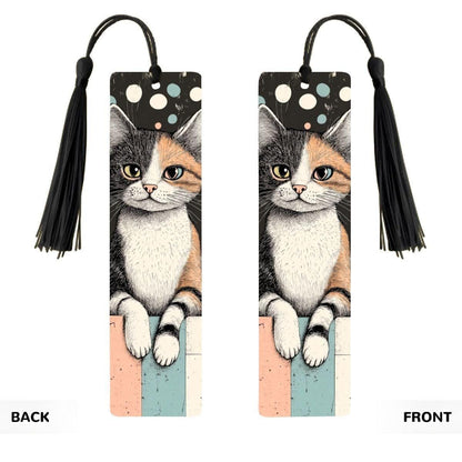 ColorFlow | Calico Cat Bookmark Retro Ink Style Whimsical Feline Art Colorful Polka Dot Background Double Sided | Optional Personalization